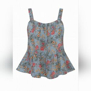 NWT Umgee Blue Floral Ruffle Peplum Tank Top Women’s Small Boho Summer Blouse